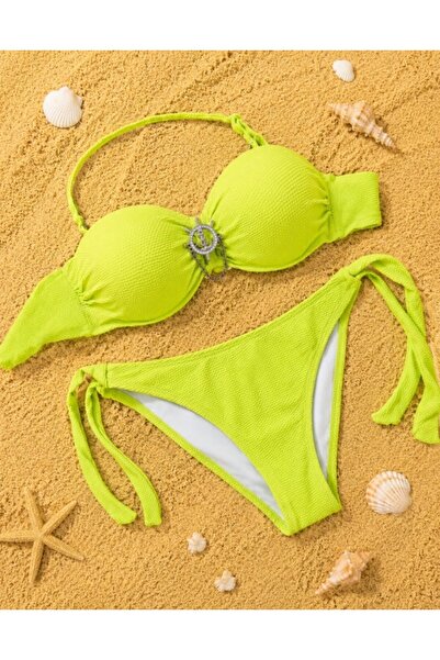 Nobrand Costum de Baie Damă 2 Piese Verde Neon, Bandeau cu Burete și Accesori...