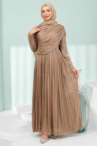 İmajButik Mink Front Gathered Collar Stoned Evening Dress