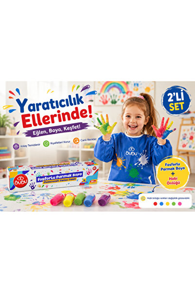 Bubu Fosforlu Parmak Boyası + Hobi Önlüğü 4-6 yaş 2'li Etkinlik Seti