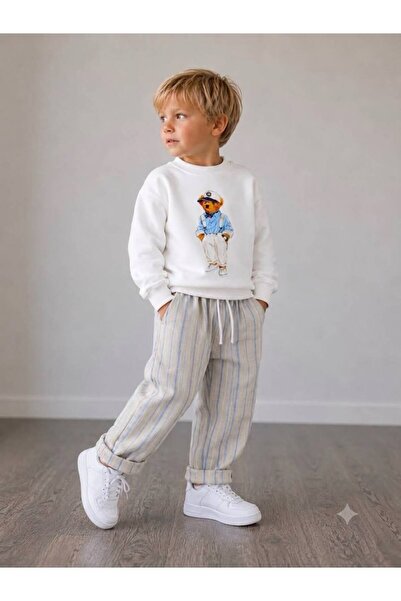 YİGİT BUTİK Boy's Teddy Bear Printed Sweatshirt Linen Trousers Top and Bottom...