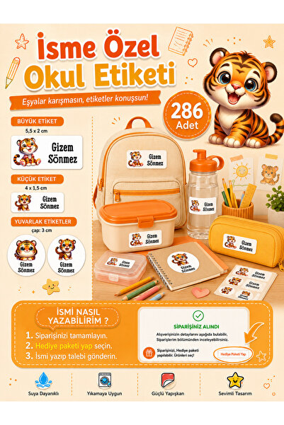 Sim Tasarım Kaplan Tema Okul Etiketi Kalem Defter Etiketi Özel İsim Yazılabil...