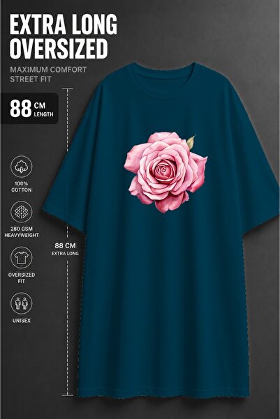 classy moda Women's Extra Long Oversize Pink Rose Printed T-Shirt