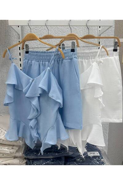 Kai Baby Fırfır Detaylı Askılı Keten Şort Takımı – Yazlık İki Parçalı Takım KA98767