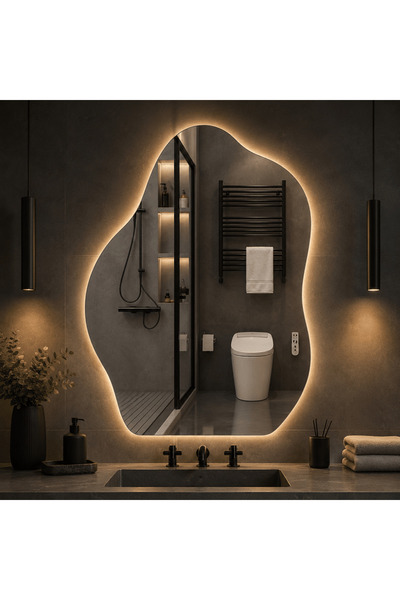 LedCorp Oglindă LED Model Asimetric 70×90 cm, Iluminare de fundal, Anti-aburi...