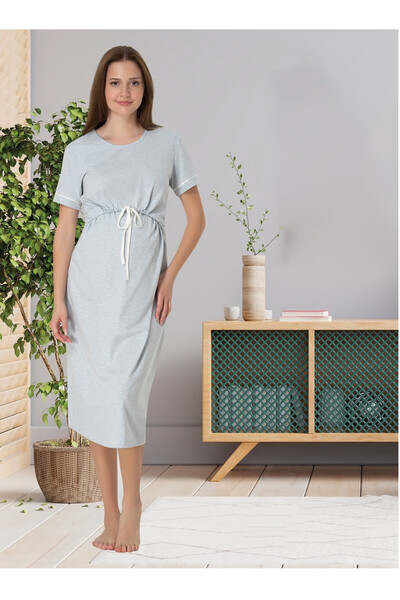 Effortt Dvina Maternity Short Sleeve Nightgown with Bow - Blue