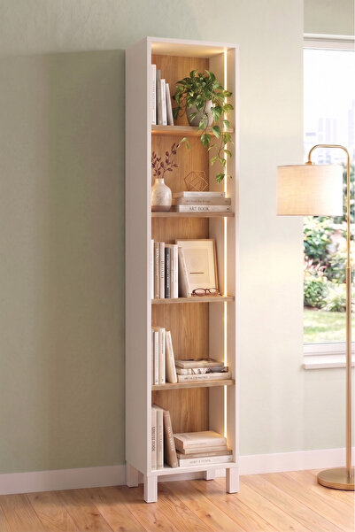 Robin Home Silva 5 Raflı Neon Led Işıklı Dar Alan Kitaplık Ahşap Ayaklı Sepet...