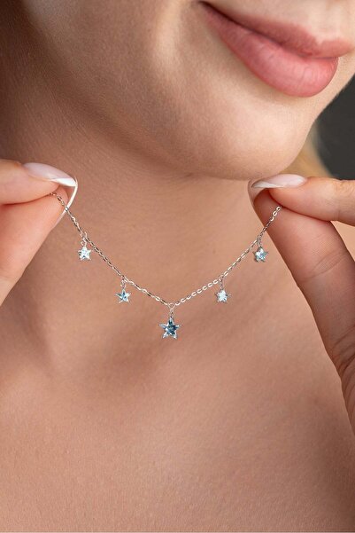 Nereze 925 Ayar Gümüş Rodyum Kaplama Blue Topaz Yıldız Şans Kolye