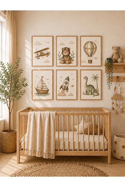 Zerawall 6 Parça MDF Tablo Seti Pilot Ayıcık, Uçak, Balon, Roket, Yelkenli ve...