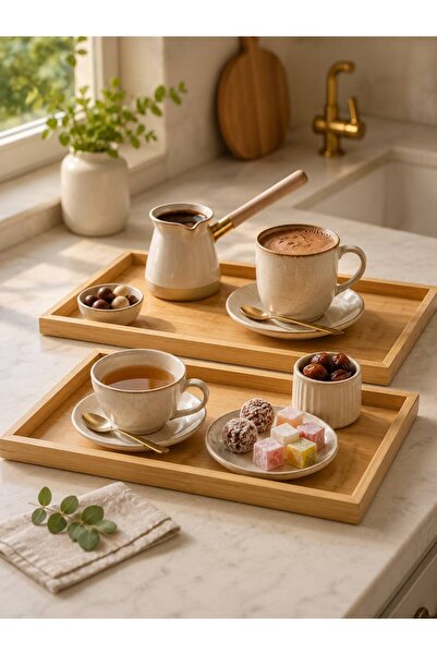 Askımo 2'li Bambu Ahşap Sunum ve Dekoratif Organizer Tepsi Seti 35X25 Cm, 30X20 Cm