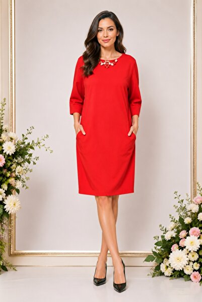 OEM Rochie moderna, de culoare rosie, cu insertie de buzunare