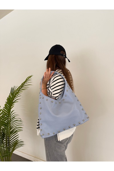 emelimin Women's Blue Large Size Shoulder Bag with Staple Detail, Soft Leathe...