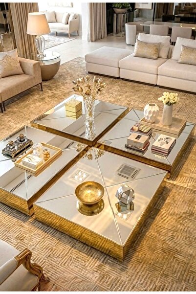 LUXURY VİLLA LUXURY GOLD VE GÜMÜŞ AYNALI DEKORATIF ORTA SEHPA SETİ 200x200 YÜ...