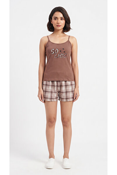 FAMES PİJAMA 100% Cotton Combed so Chic Patterned Women's Shorts Set with Straps