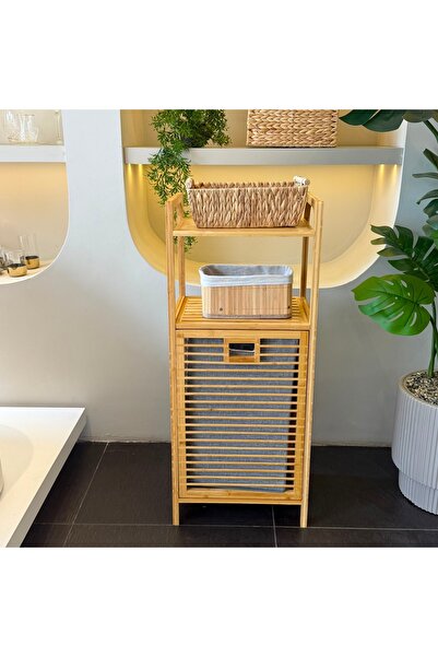 Genel Markalar AURENO Bambu Kirli Çamaşır Sepeti 2 Katlı Raflı Banyo Dolabı 9...