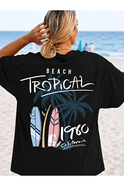 VODEXA ΓΥΝΑΙΚΕΙΟ Oversize T-Shirt TROPICAL με στάμπα, 100% βαμβακερό, άνετη ε...