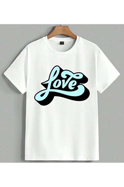 ELFERA Love Yazisi Blue Script Printed Unisex Oversize T-Shirt White