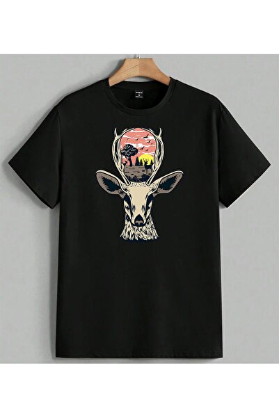ELFERA Deer Forest Natural Scenery Printed Unisex Oversize T-Shirt Black