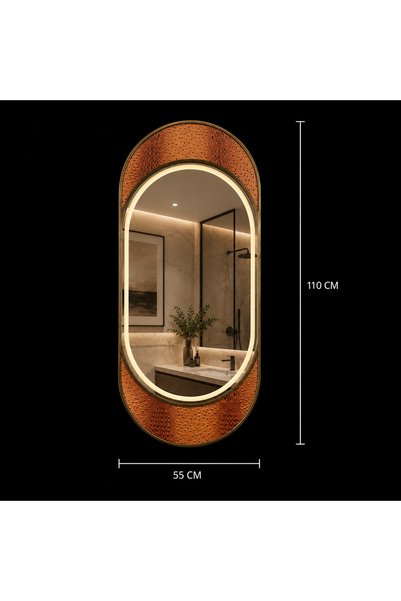 Alessandro DESIGN Oglinda LED NORILSK, 55x110cm, Auriu Lucios, Senzor, Lumina 3000K, 4000K, 6000K, Sistem Dezaburire, Metal, Functii Ceas si Temperatura