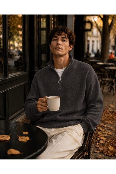 oneoff Men's Premium Half-Zip Ribbed Knit Sweater