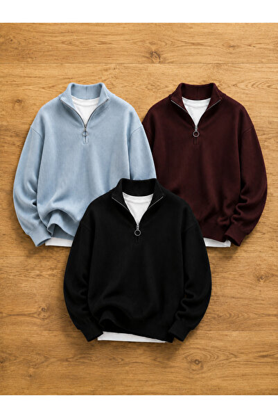 oneoff Advantageous 3-Piece Set Premium Men's Casual Half-Zipper Winter Knitw...