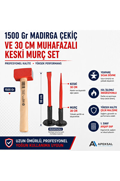 Apeksal Sait Demirci 1500 Gr Madırga Çekiç 30 Cm Muhafazalı Keski ve Murç Seti
