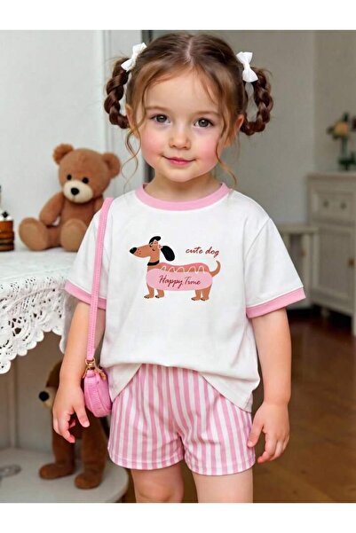 MORNİNG KİDS Girl's Dog Printed Pink Ribbed White T-Shirt - Striped Pink-Whit...