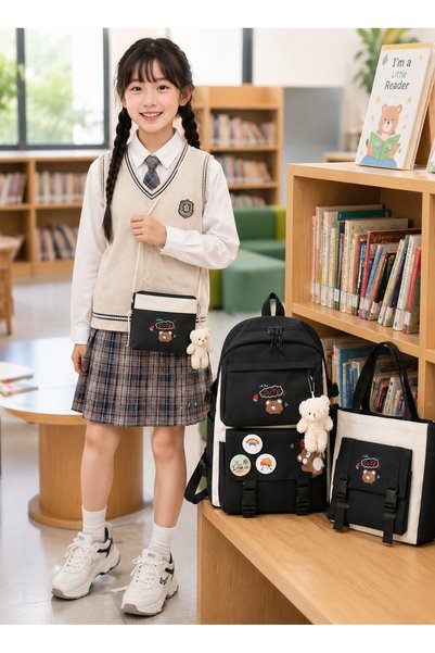 Generic Brand School Bag for Girls, 5-Piece Set with Tote, Crossbody Pouch, Pencil Case & Drawstring Bag