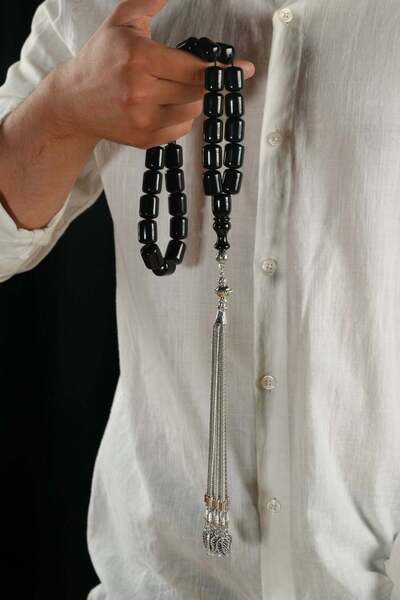 dergah tesbih Şahin ağa series metal design large size black tightening amber prayer beads