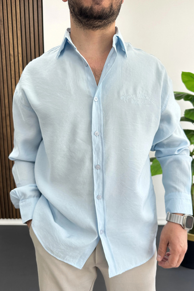 Edwox Men's Relaxed Fit Embroidered Detailed Shirt Light Blue Edw495