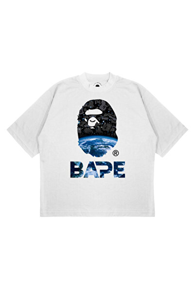 TRAGEDY تي شيرت للجنسين مقاس كبير من A BATHING APE EARTH مطبوع بقصة مربعة وقم...