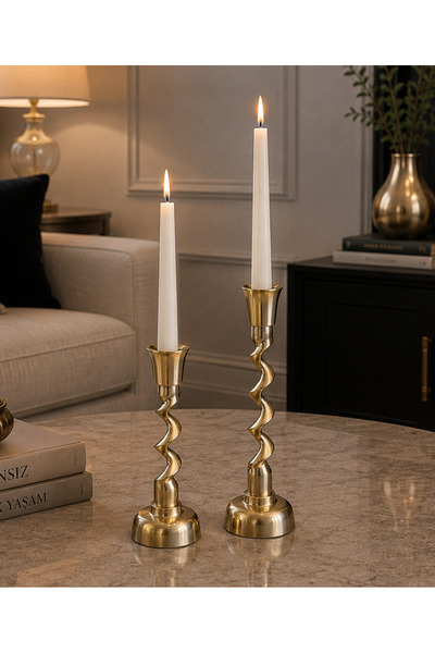 Hinora Home Burgu Model 2Li Metal Gold Renk Dekoratif Şamdan Mumluk 22-27cm