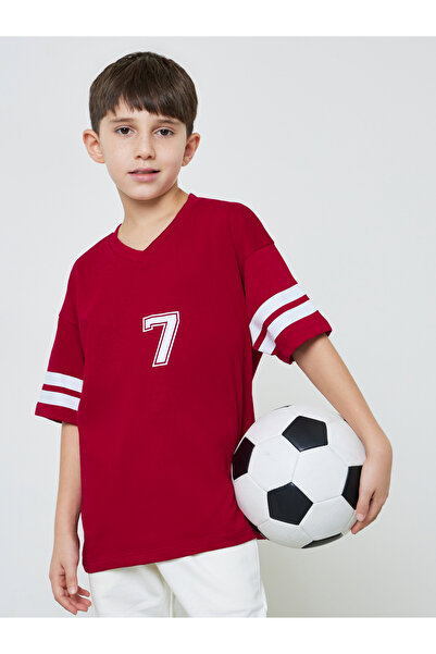 Styli Teen Boys Red V-Neck Varsity Stripes Sleeves Oversized T-Shirt