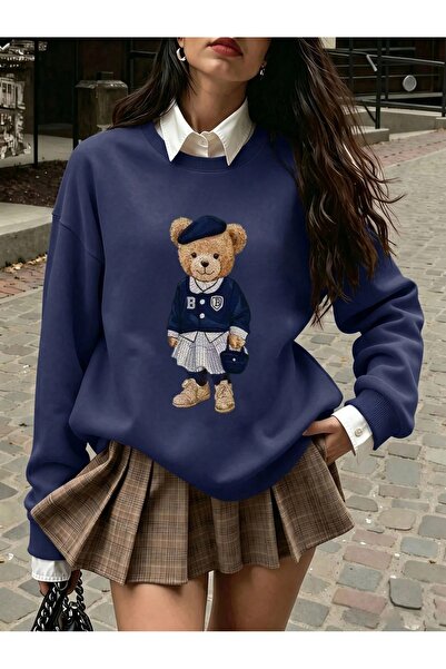 ZAVIXO سترة كاجوال مريحة ذات ياقة دائرية وطباعة دب لطيف وقصة كبيرة الحجم وتصم...
