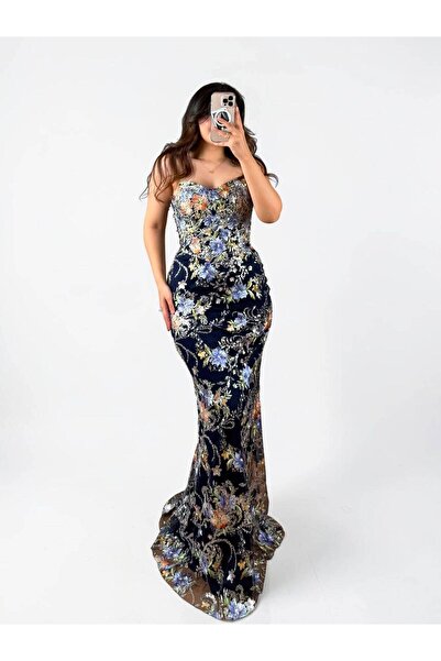 OLA LOREN Premium Çiçek İşlemeli Korseli Balık Kesim Lacivert Renk Abiye Elbise