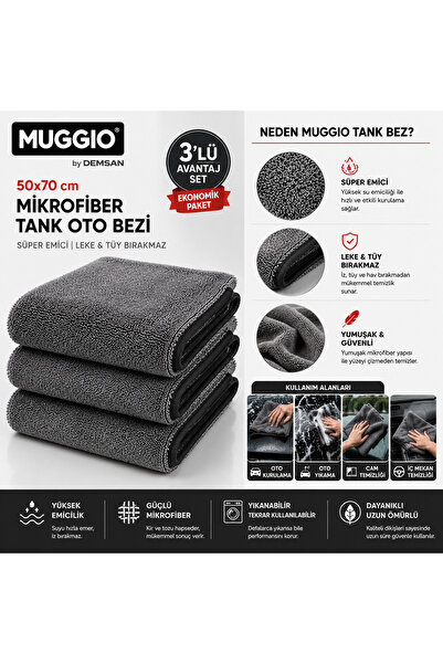 Muggio 50x70 Mikrofiber Oto Yıkama & Kurulama Bezi 3'lü Avantaj Seti | Süper Su Emici, 380GM