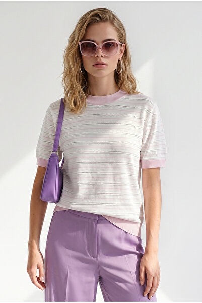 Olalook Women's White Pink Stripe Openwork Color Detailed Knitwear Blouse Blz...