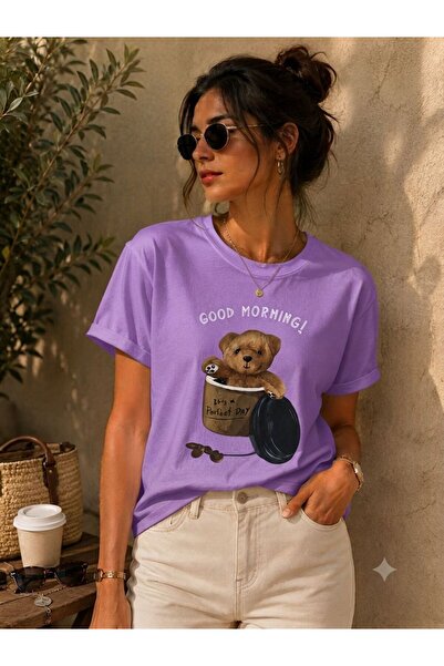 3S MODA تي شيرت نسائي أساسي مطبوع رقميًا عليه عبارة Good Morning Teddy Bear