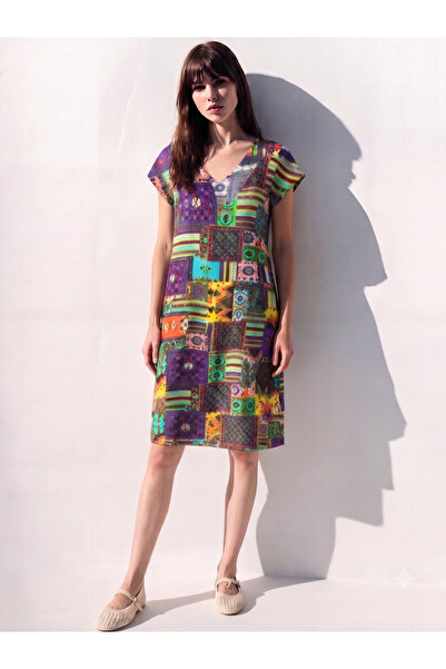 Flubutik Women's Woven Viscose Cotton Relaxed Fit V-Neck Dress Newetnic Pattern