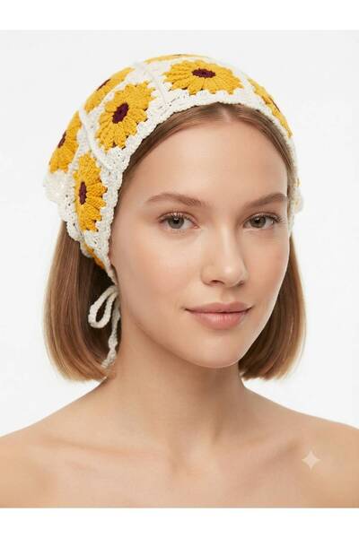 Kadın El Örgüsü Çiçek Desenli Bağlamalı Bandana Saç Bandı