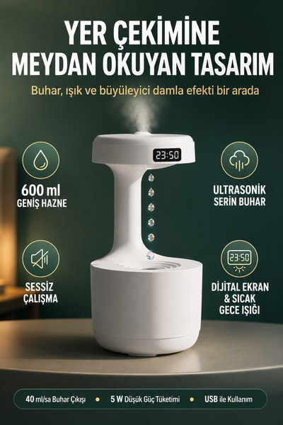 beemen Anti Gravity Water Drop Effect Ultrasonic Air Humidifier 600 ml – Digital Display, Night Light, and USB Use