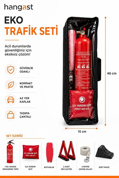 HANGAST Eko Trafik Seti 7 Parça - 1 Kg Yangın Söndürme Tüpü, 2 Reflektör, İlk Yardım Seti, Çekme Halatı, Boyunluk ve Takozlu Araç Güvenlik Seti