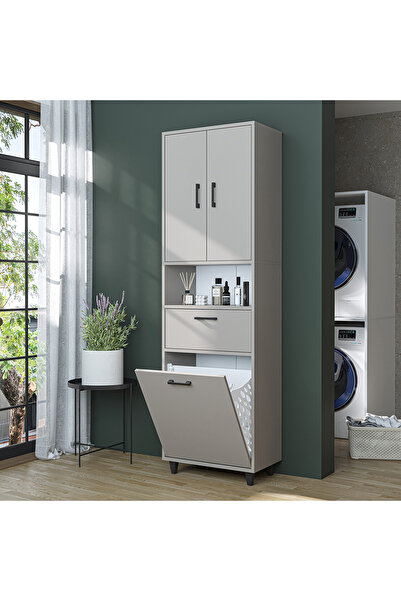 ROOMART Çamaşır Sepetli Banyo Dolabı, Çok Amaçlı Çekmeceli Dolap 60 x 200 cm