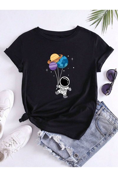 WESTİMO Women's Black Astronaut Printed Oversize T-Shirt