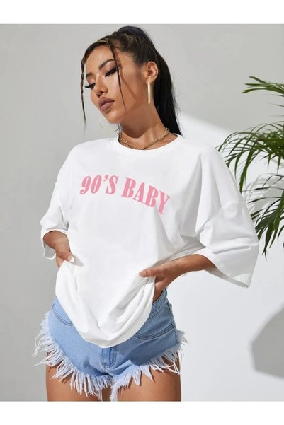 WESTİMO Women's White 90's Baby Printed Oversize T-Shirt