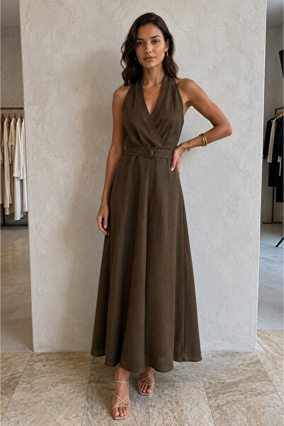 STYLENEST Kemer Detaylı Kloş Kruvaze Yaka Kolsuz Keten Karışımlı Midi Elbise