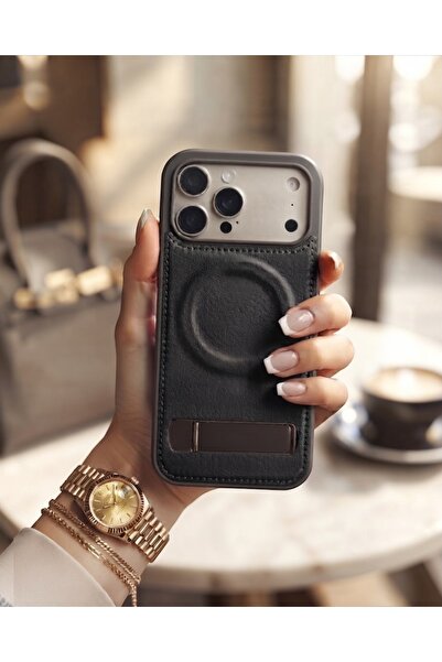 KILIF HOUSE Iphone 14 Pro Uyumlu Metal Katlanabilir Standlı Deri Kaplama Mags...