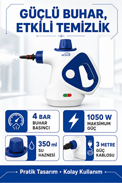 Acura AC-120 Moplu Buharlı Temizleyici – 4 Bar, 1050 W, 16 Parça Aksesuar ve Mikrofiber Bez Dahil
