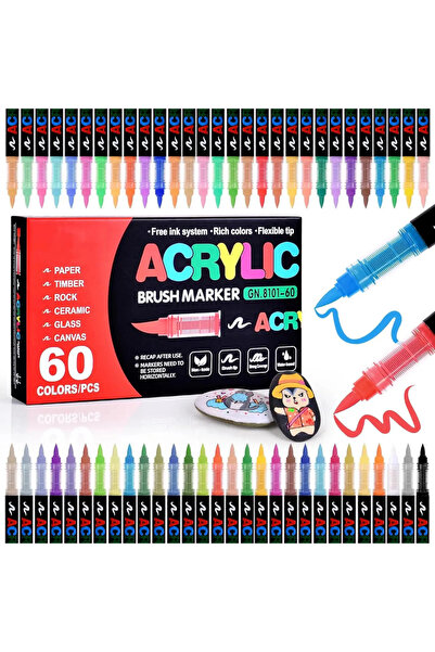 UĞURDAN 60'lı Akrilik Marker Kalem Seti – Fırça Uçlu Brush Pen, Su Bazlı Prof...