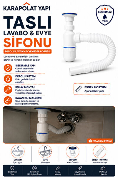 KarapolatYapı Taslı Lavabo Evye Sifonu Depolu Gider Borusu Körüklü Esnek Hort...