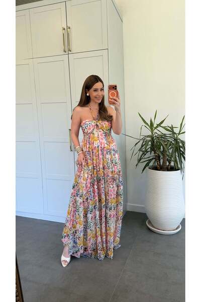 elif teke Lavender Neck Tie Colorful Chiffon Dress